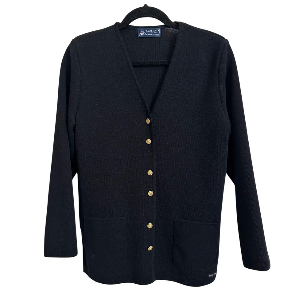 SAINT JAMES Vintage Pure‎ New Wool V-Neck Cardigan Sweater Gold Buttons Black